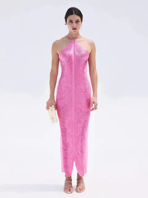 Robe longue dos nu à franges dorées et argentées pour femme, tenue moulante sexy sans manches, nouvelle collection élégante de soirée