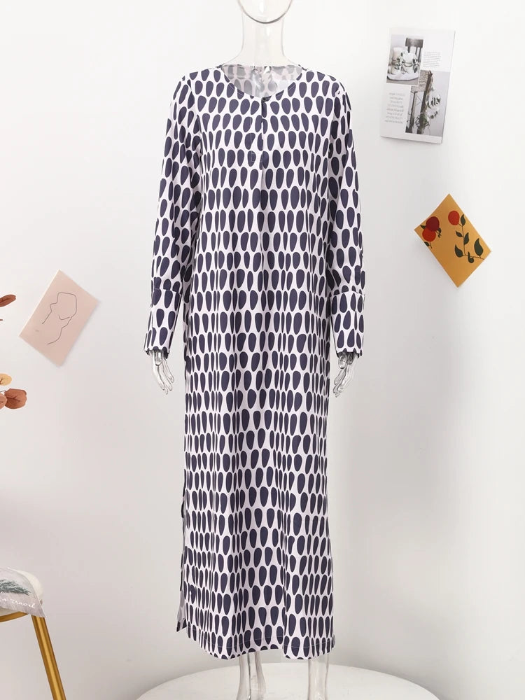 Robe d'été à imprimé géométrique pour femme, fendue sur le côté, col en V, décontractée, manches longues, ample, à la mode