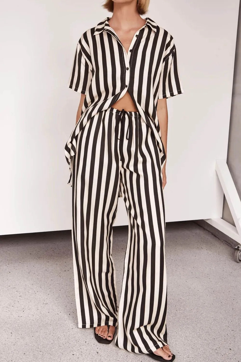 Striped Collared Neck Half Sleeve Top and Pants Set