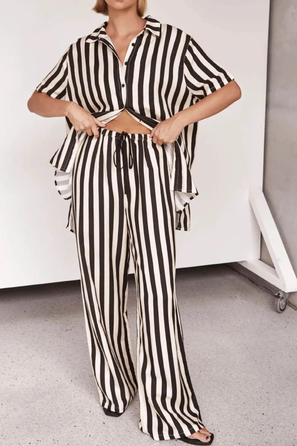 Striped Collared Neck Half Sleeve Top and Pants Set