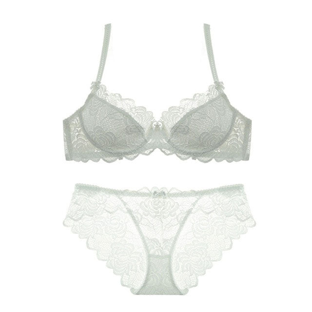Ensemble de soutien-gorge sexy ultra-fin, grande taille, bonnet C et D, transparent, en dentelle brodée, gris