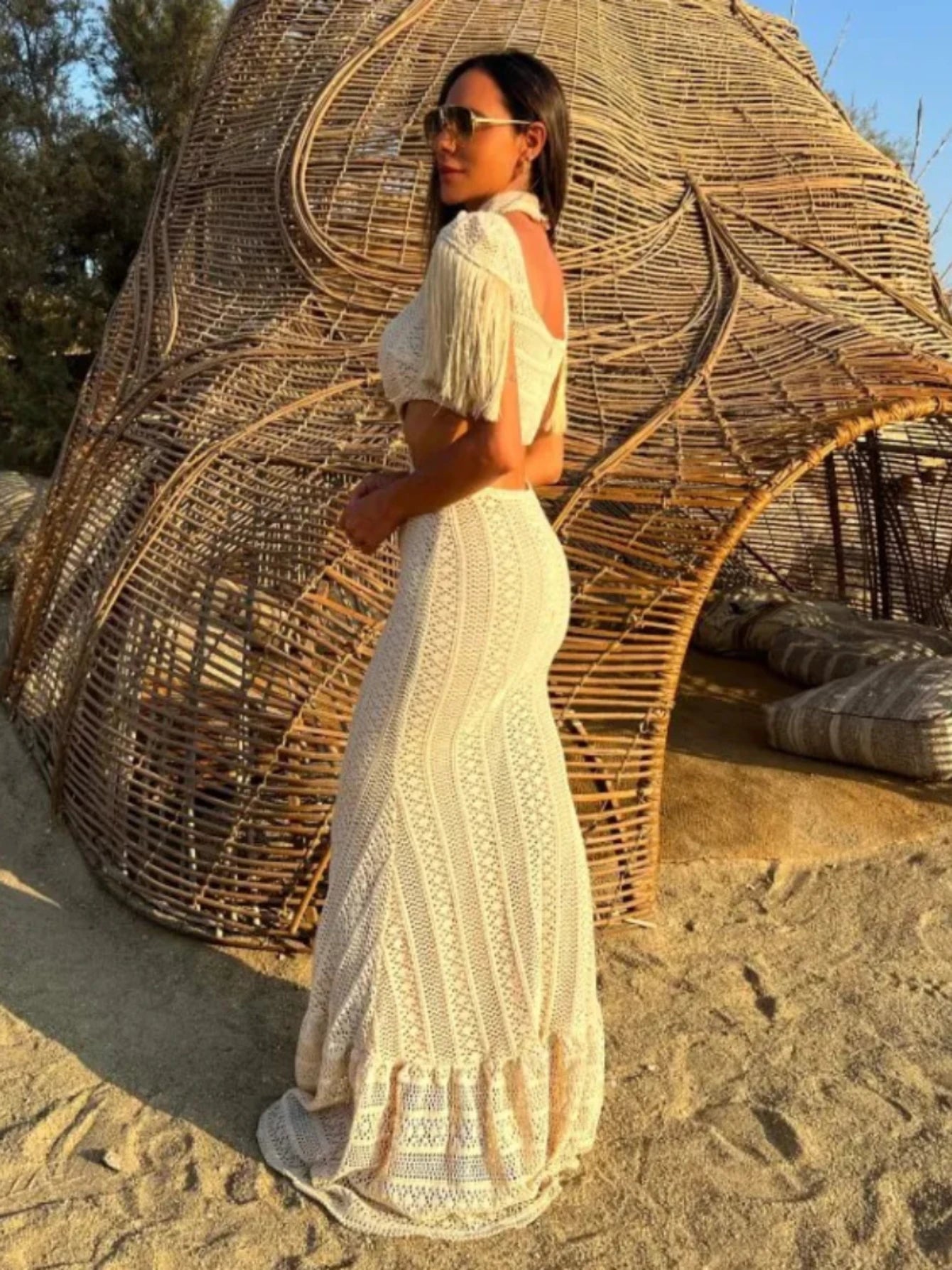 Robe longue sexy en dentelle blanche pour femme, col roulé, manches à pompons, taille fine, ajourée, pour la plage, été