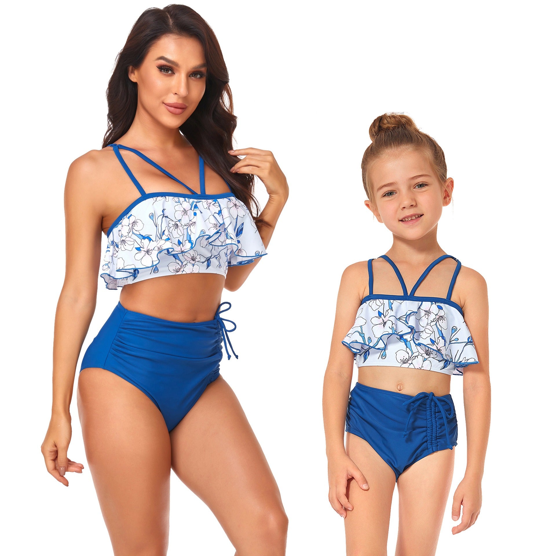 Maillot de bain taille haute mère et fille, avec cordon de serrage et volants, doublé, pour parents et enfants