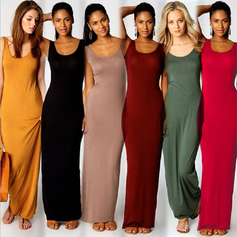 Robe simple, élégante et sexy pour femmes, col rond, sans manches, slim, maxi, très extensible, débardeur, printemps-été, robe longue fine