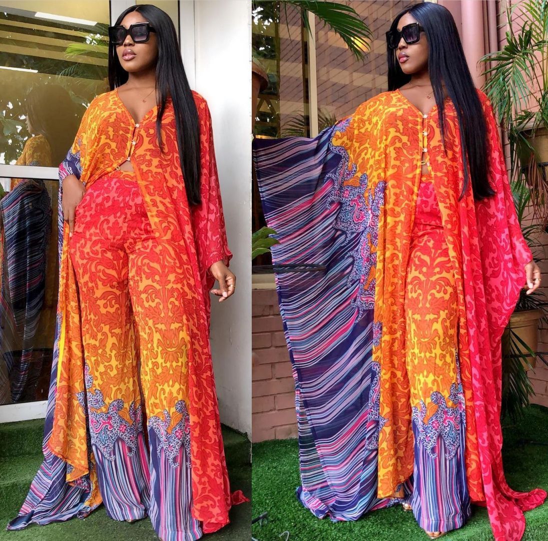 Ensemble deux pièces cardigan en mousseline de soie et pantalon ample, robe africaine