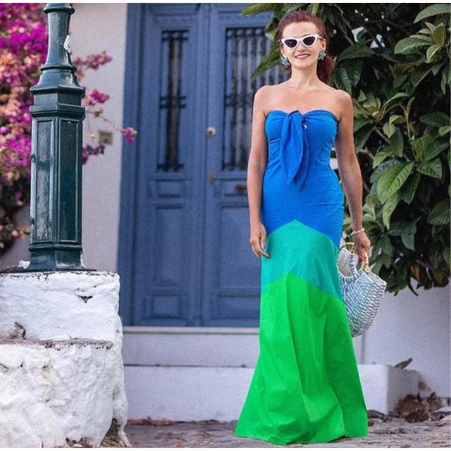 Robe bustier sexy sans manches pour femme, patchwork tie-dye, nœud noué, ajouré, longueur au sol, slim, tenue de soirée d'été