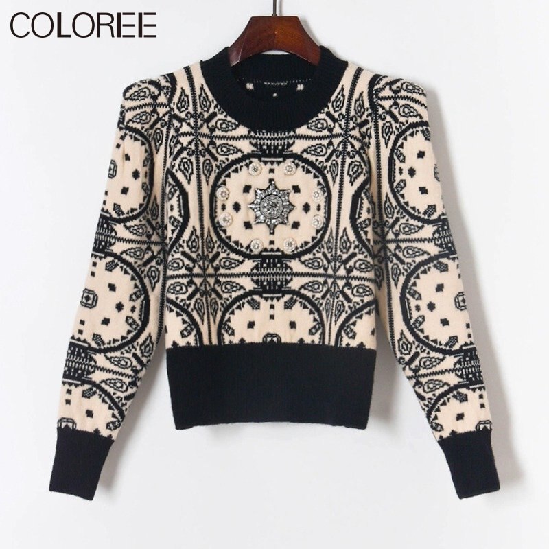 Pulls vintage en jacquard et perles pour femmes, mode automne-hiver, vêtements de créateurs