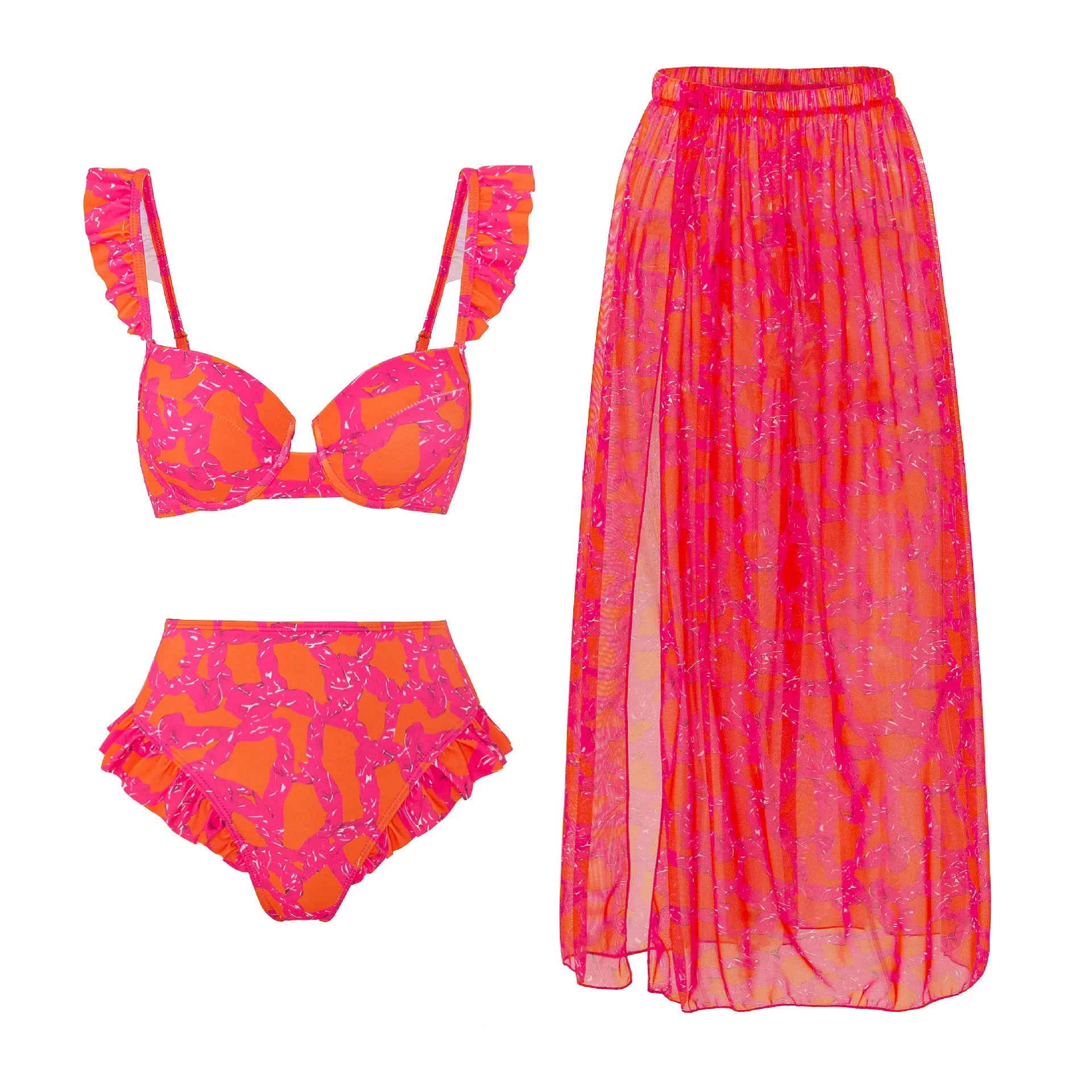 Maillot de bain bikini fendu imprimé vintage pour femme, ensemble sans bretelles, manches bouffantes, cache-maillot, jupe en mousseline de soie, pour la plage, piscine