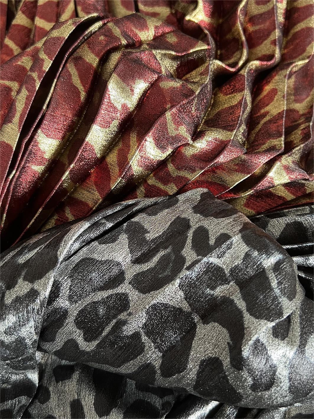 Jupe mi-longue fluide à imprimé léopard métallique léger et luxueux, taille haute, avec taille élastique, large ourlet et jupe plissée