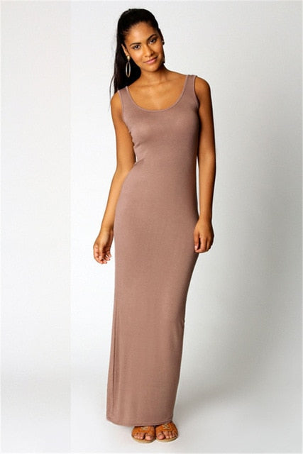 Robe simple, élégante et sexy pour femmes, col rond, sans manches, slim, maxi, très extensible, débardeur, printemps-été, robe longue fine