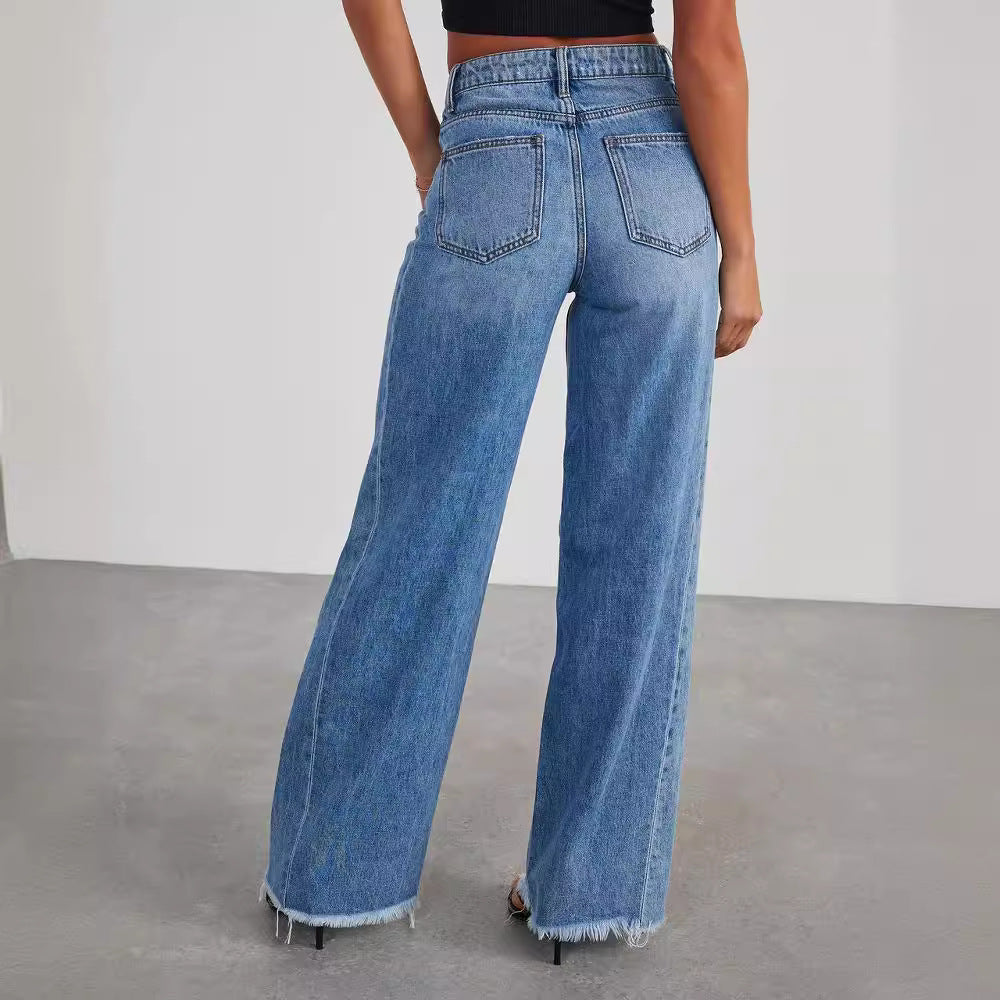 Pantalon Jean ample à jambes larges et ourlet brossé pour femme
