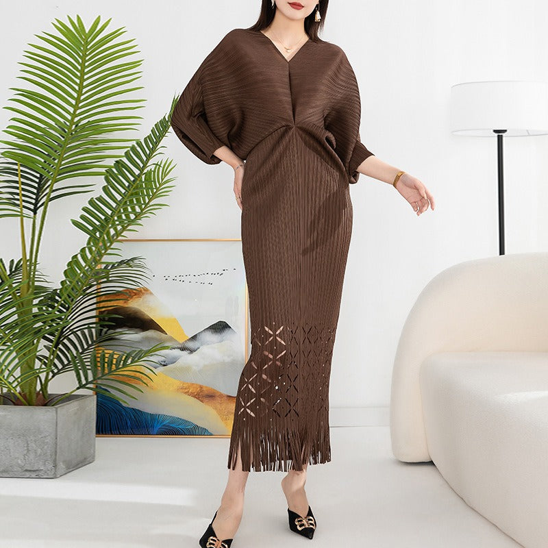 Robe de haute qualité solide designer col en V bureau travail dames maxi robes pour femmes manches chauve-souris élégante robe de soirée