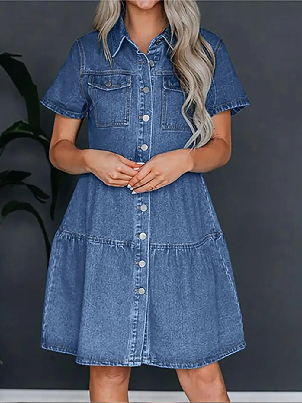 Robe en jean à poches, col boutonné, manches courtes Opération réussie