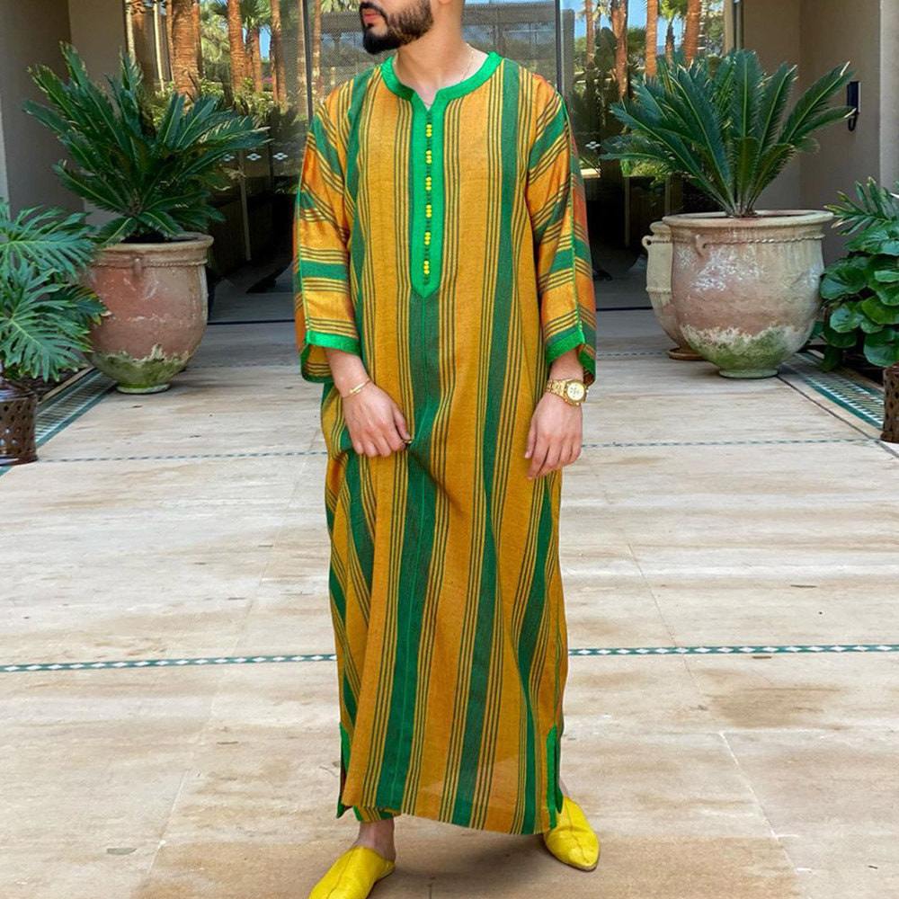 Nouveaux vêtements, Robe Qamis de style ethnique saoudien, ample à manches longues et à rayures contrastées pour hommes