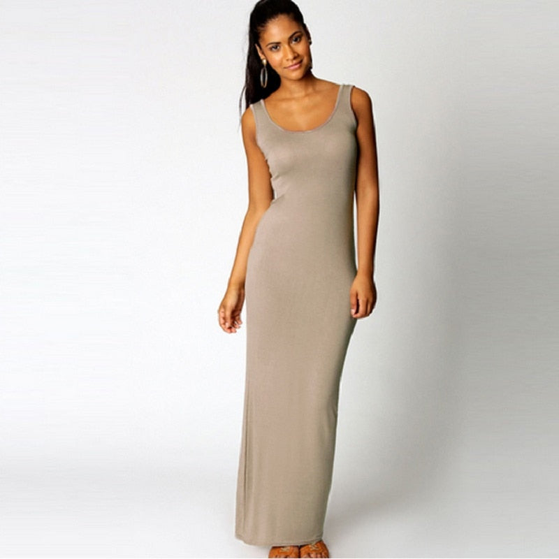 Robe simple, élégante et sexy pour femmes, col rond, sans manches, slim, maxi, très extensible, débardeur, printemps-été, robe longue fine
