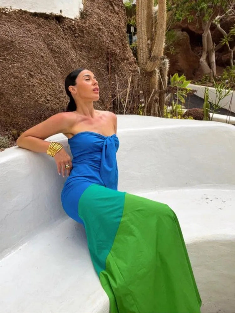 Robe bustier sexy sans manches pour femme, patchwork tie-dye, nœud noué, ajouré, longueur au sol, slim, tenue de soirée d'été