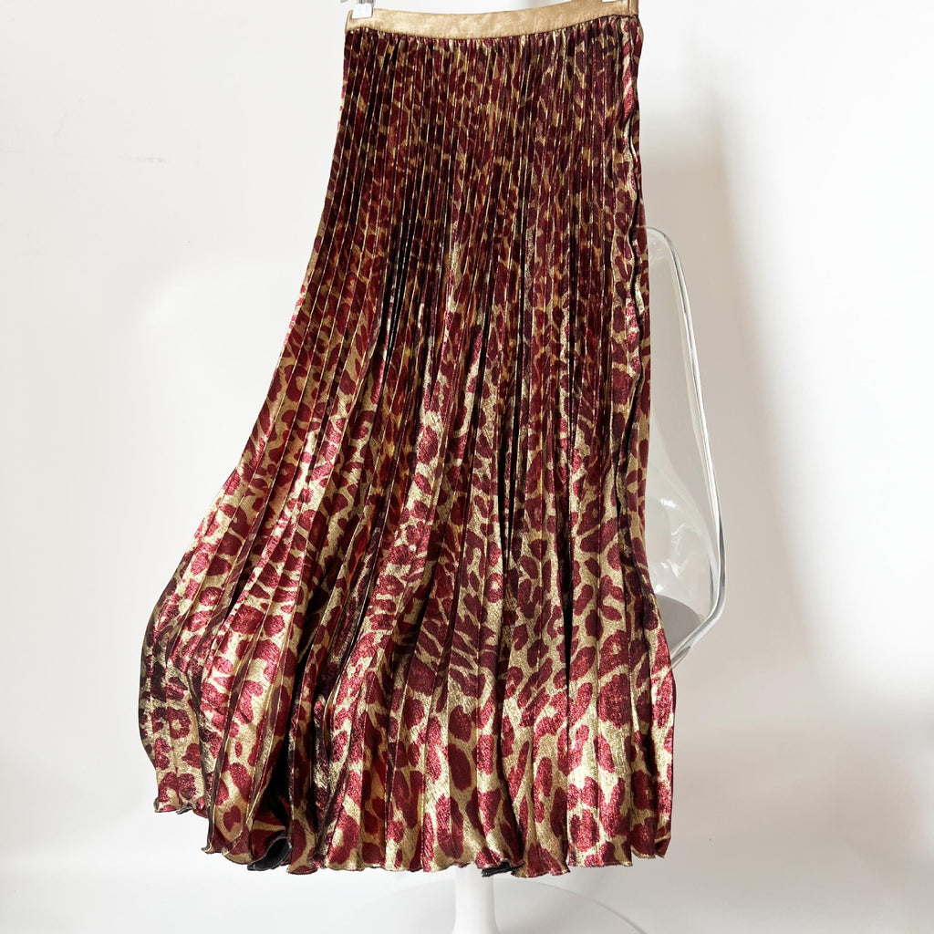 Jupe mi-longue fluide à imprimé léopard métallique léger et luxueux, taille haute, avec taille élastique, large ourlet et jupe plissée