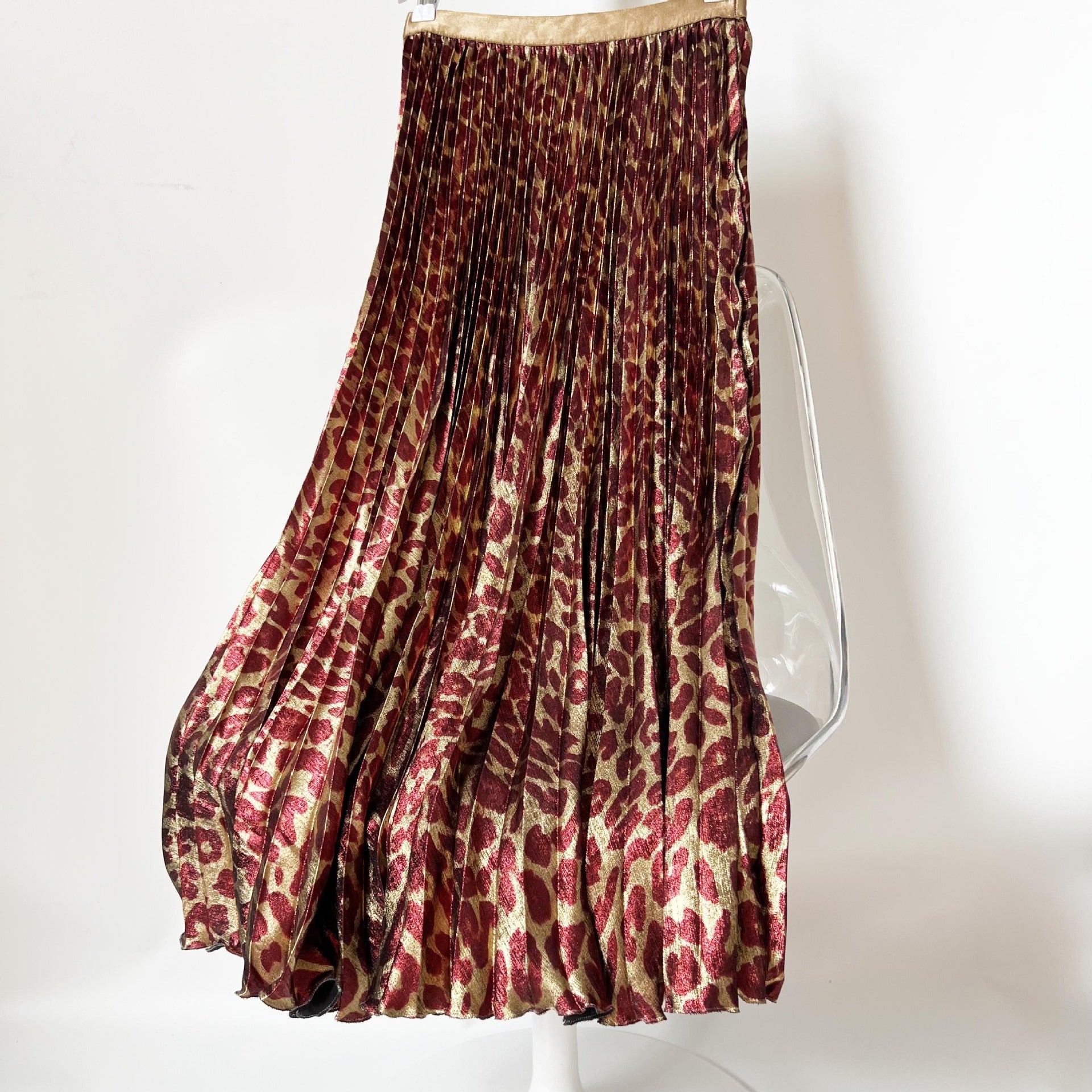 Jupe mi-longue fluide à imprimé léopard métallique léger et luxueux, taille haute, avec taille élastique, large ourlet et jupe plissée