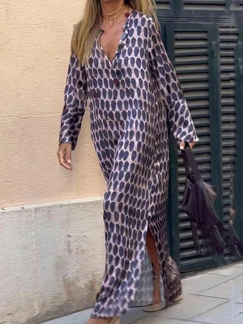 Robe d'été à imprimé géométrique pour femme, fendue sur le côté, col en V, décontractée, manches longues, ample, à la mode
