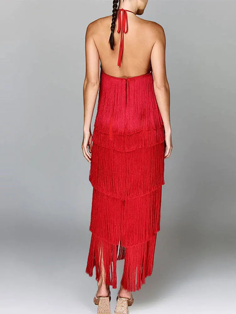 Robe longue à franges métallisées tendance, col licou, chic, sans manches, dos nu, lacets, slim, sexy, pour femme
