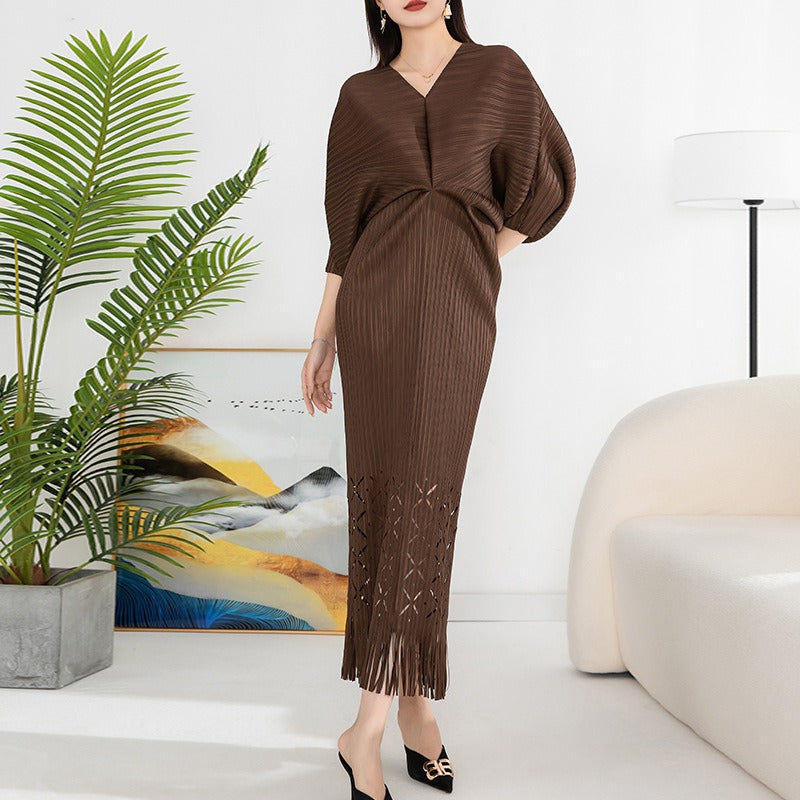 Robe de haute qualité solide designer col en V bureau travail dames maxi robes pour femmes manches chauve-souris élégante robe de soirée