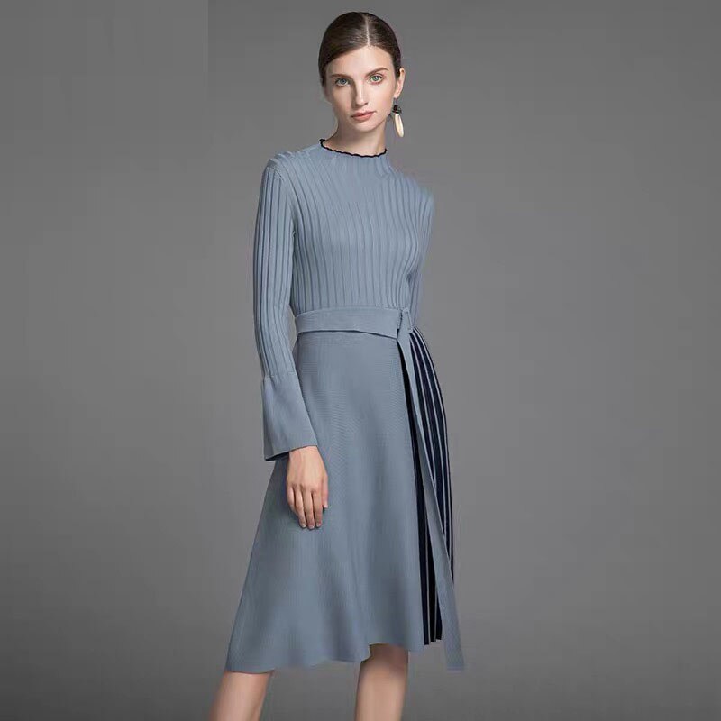 Robe Pull mi-longue élégante à rayures, patchwork, bleu, évasée, manches longues, tenue de bureau, grande taille, automne-hiver