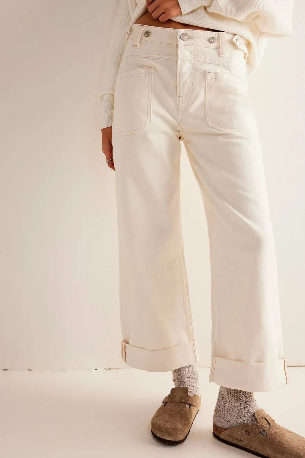Pantalon Jean large délavé avec poches