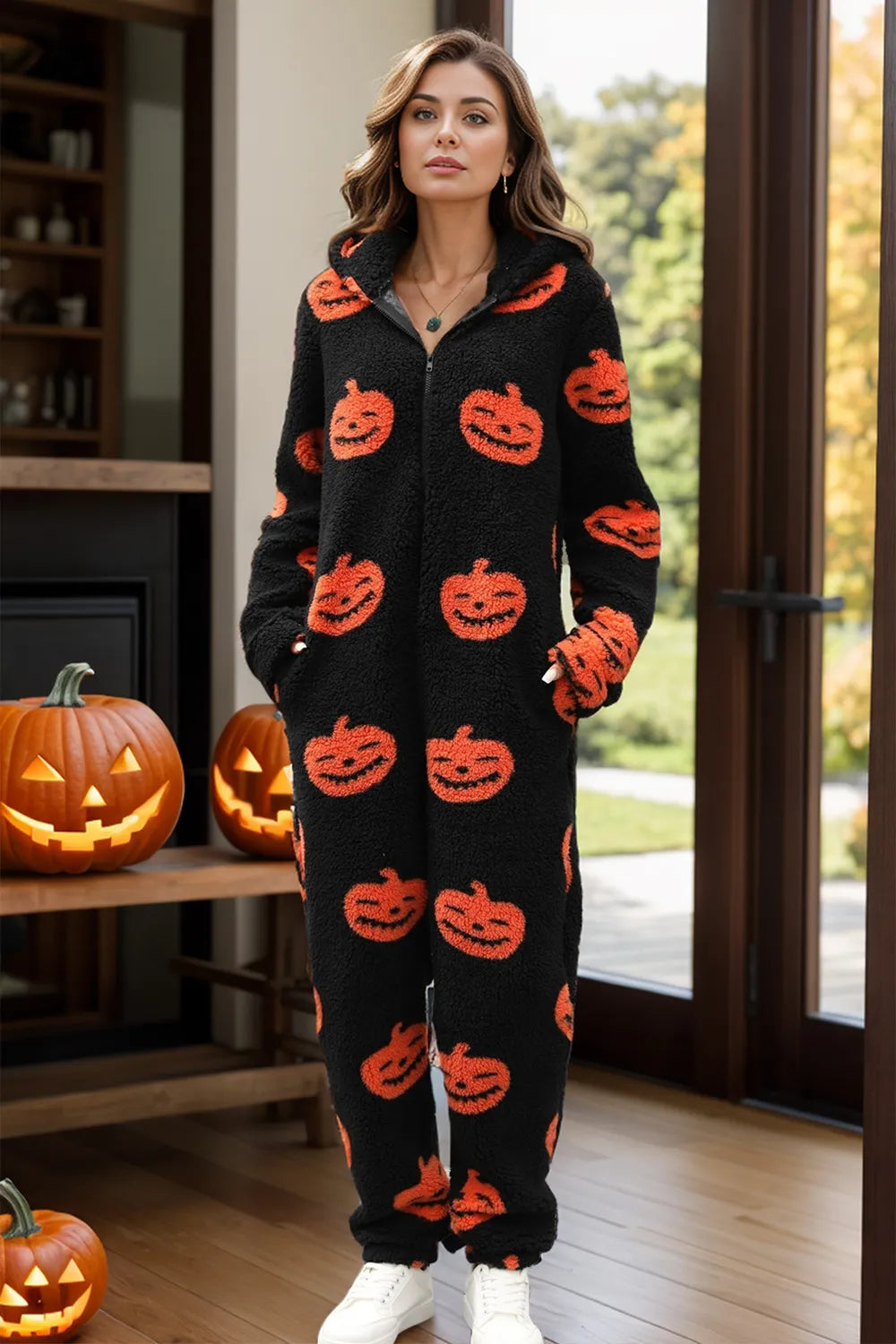 Pumpkin Half Zip Hooded Jumpsuit