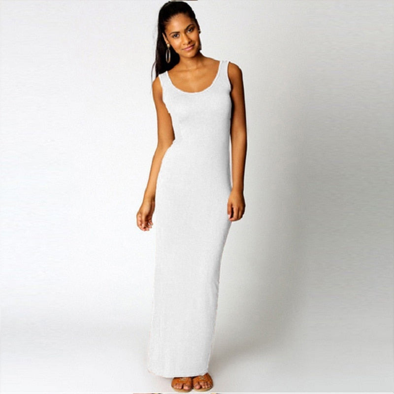 Robe simple, élégante et sexy pour femmes, col rond, sans manches, slim, maxi, très extensible, débardeur, printemps-été, robe longue fine