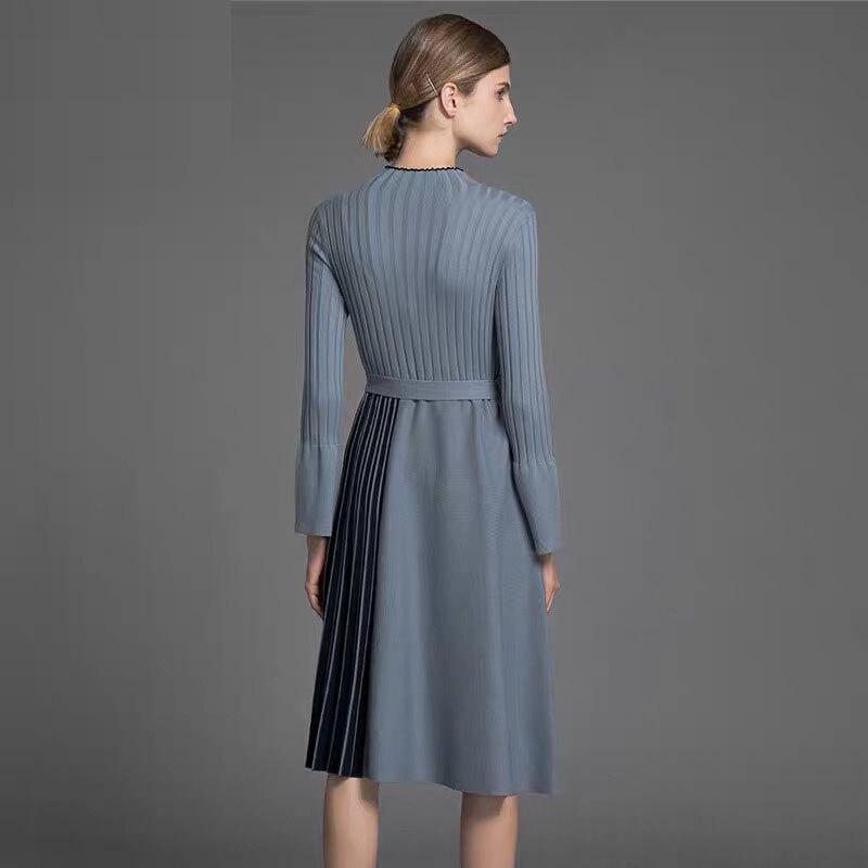Robe Pull mi-longue élégante à rayures, patchwork, bleu, évasée, manches longues, tenue de bureau, grande taille, automne-hiver