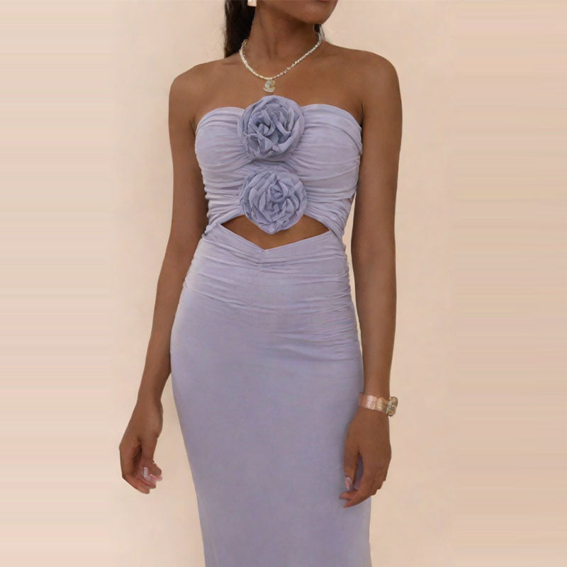 Robe longue sexy à fleurs 3D ajourée pour femme, élégante, épaules dénudées, sans manches, dos nu, robe de soirée