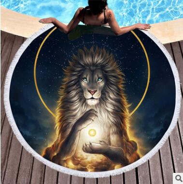 Serviette de plage ronde en microfibre pour adultes, serviette d'été à pompons, tapis de yoga, motif lion, imprimée à la main, 150 cm
