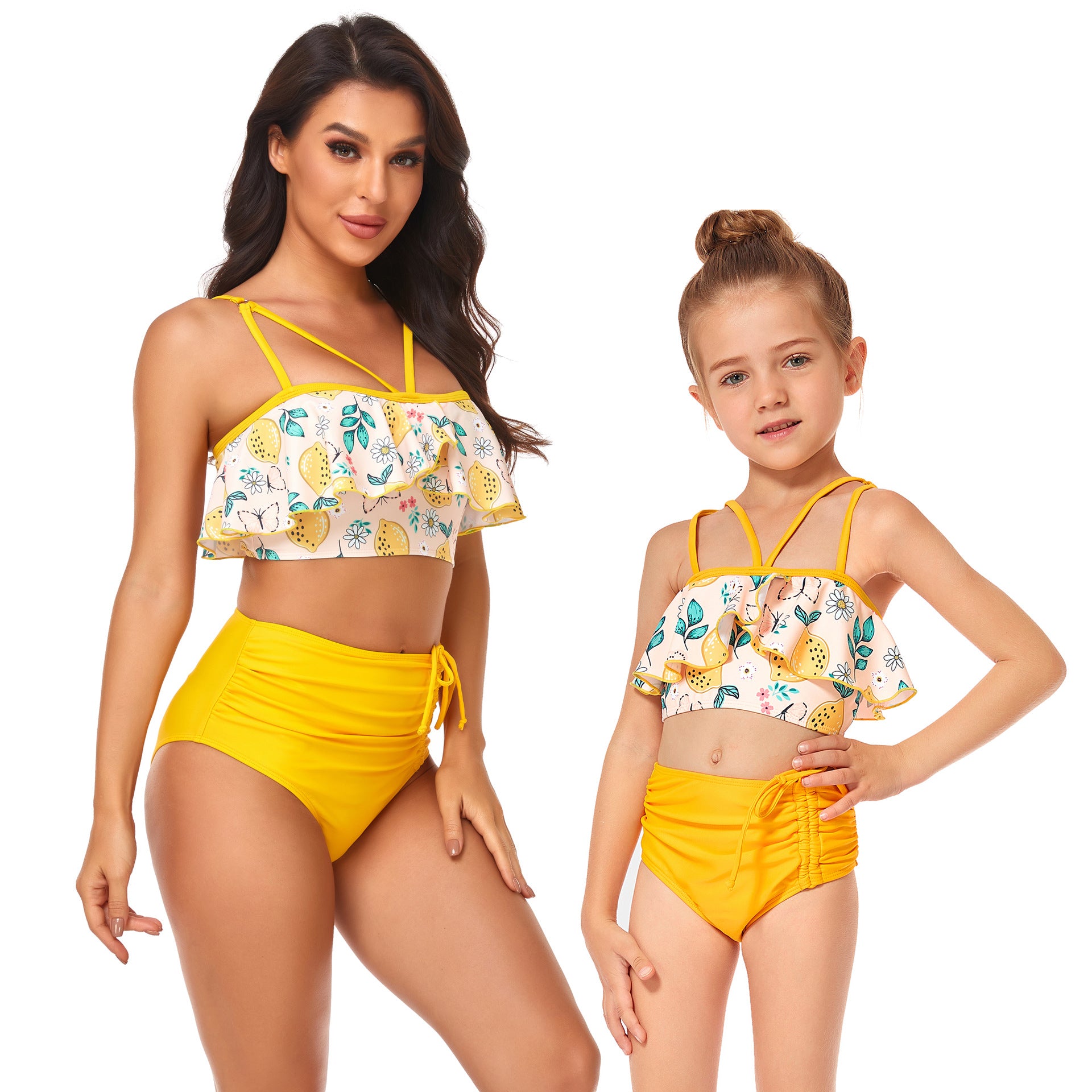 Maillot de bain taille haute mère et fille, avec cordon de serrage et volants, doublé, pour parents et enfants