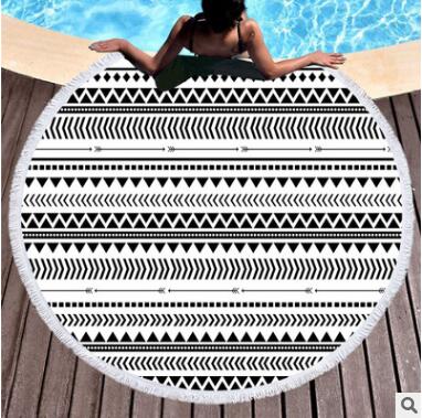 Serviette de plage ronde en microfibre pour adultes, serviette d'été à pompons, tapis de yoga, imprimée à la main, 150 cm