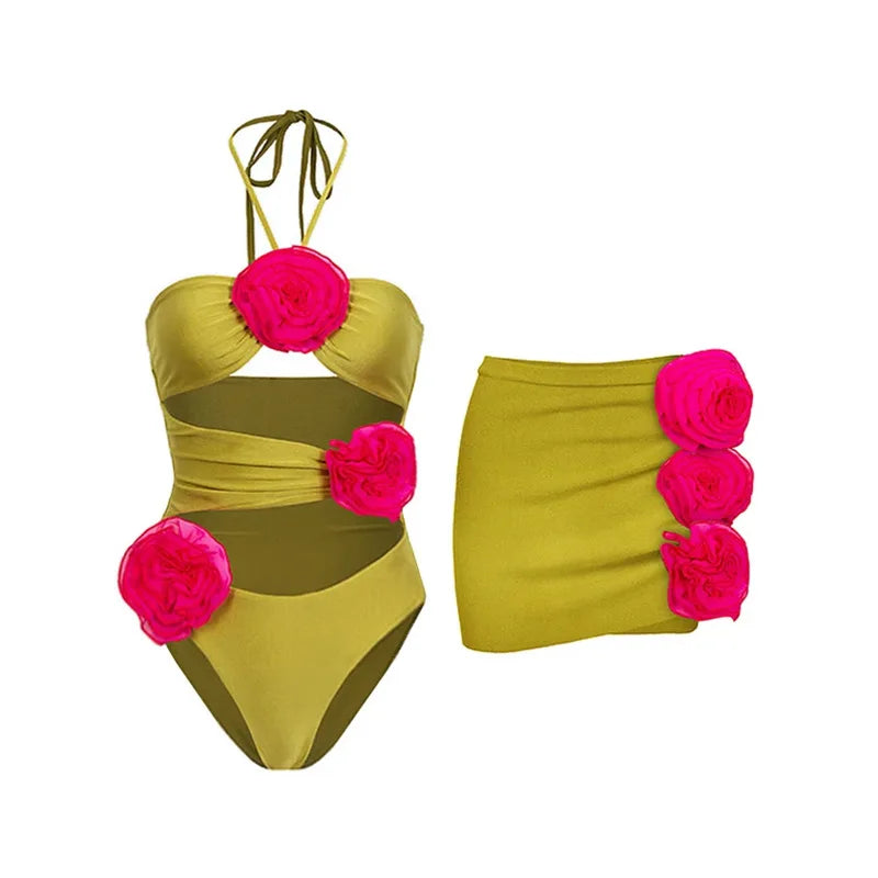 Maillot de bain une pièce à bretelles et jupe, imprimé floral, amincissant, pour femme, vêtements de plage