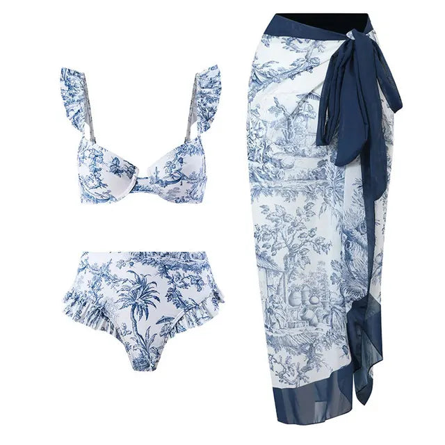 Maillot de bain bikini fendu imprimé vintage pour femme, ensemble sans bretelles, manches bouffantes, cache-maillot, jupe en mousseline de soie, pour la plage, piscine