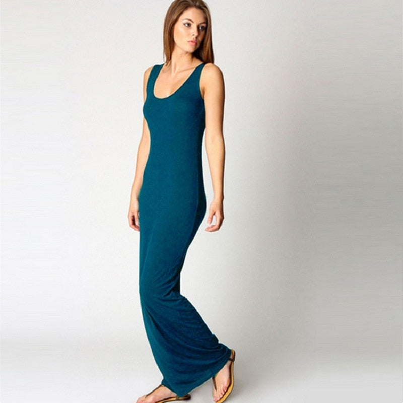 Robe simple, élégante et sexy pour femmes, col rond, sans manches, slim, maxi, très extensible, débardeur, printemps-été, robe longue fine