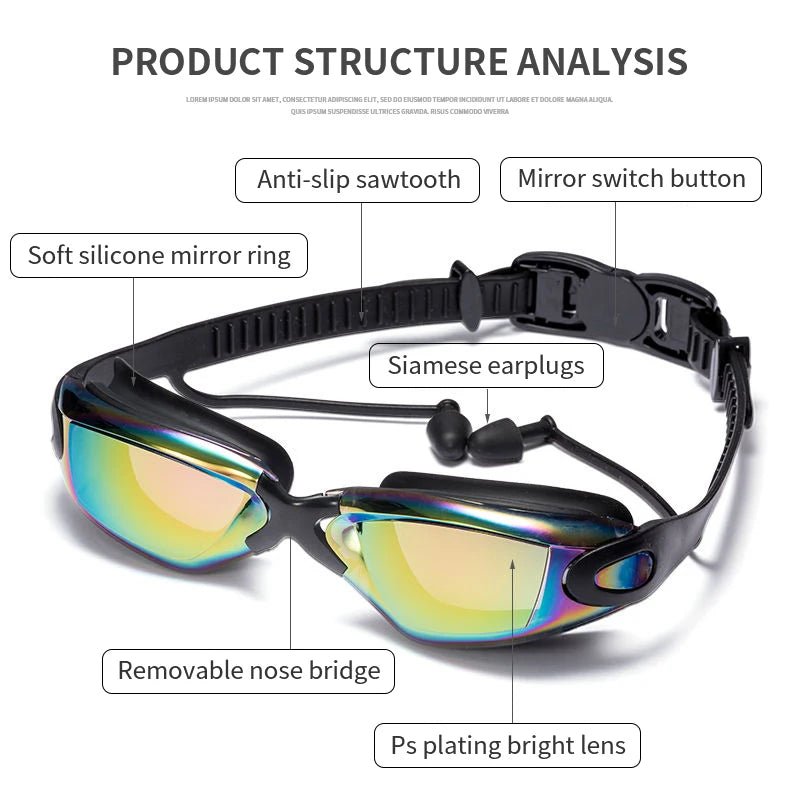 Lunettes de natation professionnelles avec bouchons d'oreilles, pince-nez, galvanoplastie, silicone étanche, pour adultes