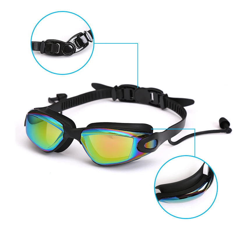 Lunettes de natation professionnelles avec bouchons d'oreilles, pince-nez, galvanoplastie, silicone étanche, pour adultes
