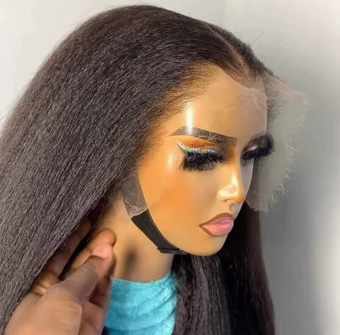 Perruque Lace Frontal Wig naturelle Yaki lisse et crépue, cheveux humains, sans colle