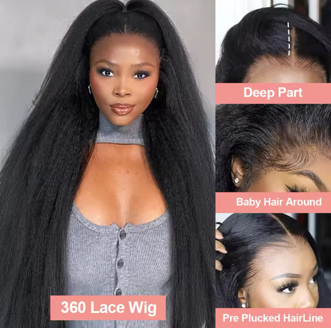Perruque Lace Frontal Wig naturelle Yaki lisse et crépue, cheveux humains, sans colle