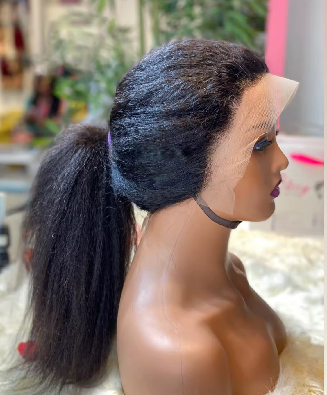 Perruque Lace Frontal Wig naturelle Yaki lisse et crépue, cheveux humains, sans colle