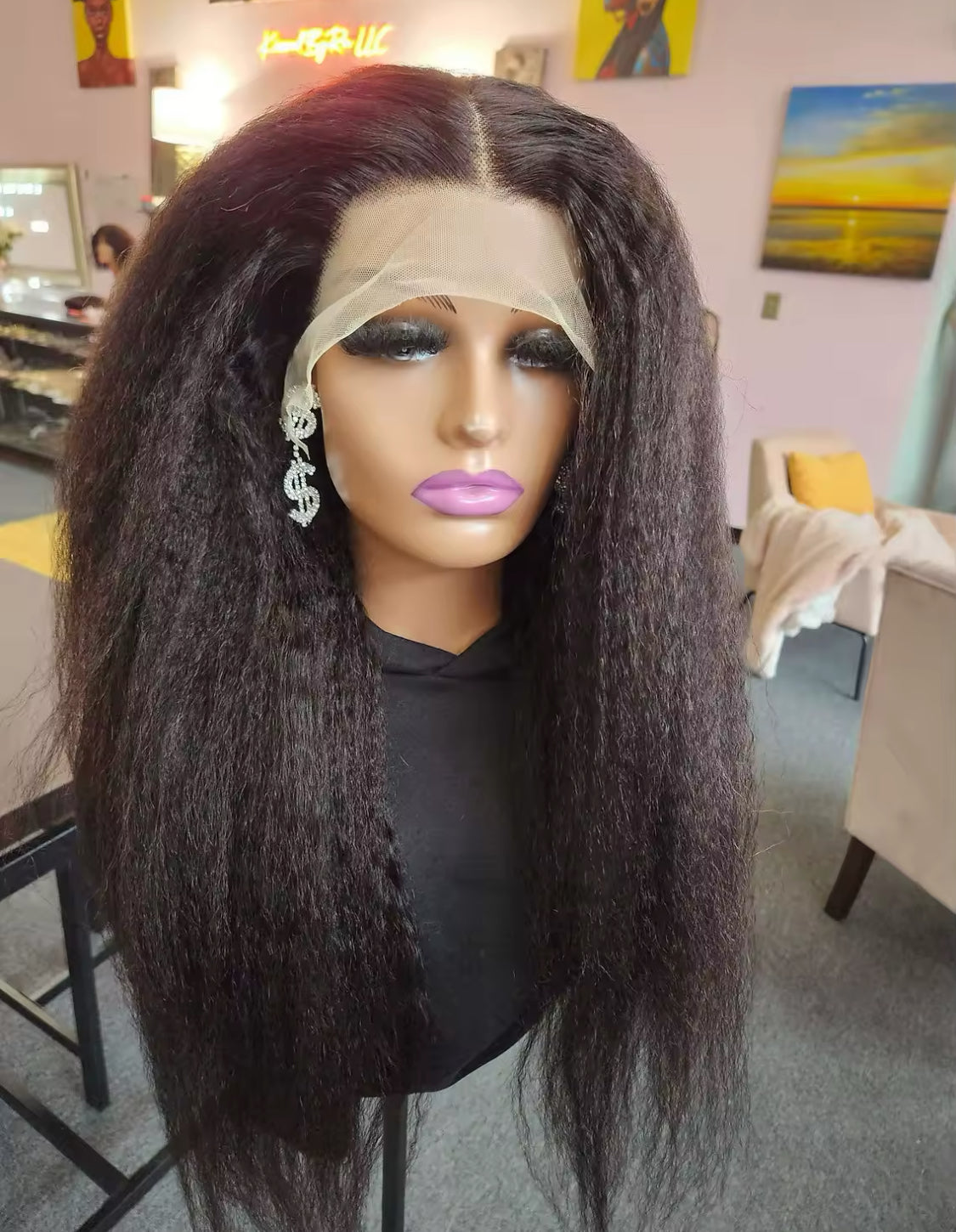Perruque Lace Frontal Wig naturelle Yaki lisse et crépue, cheveux humains, sans colle